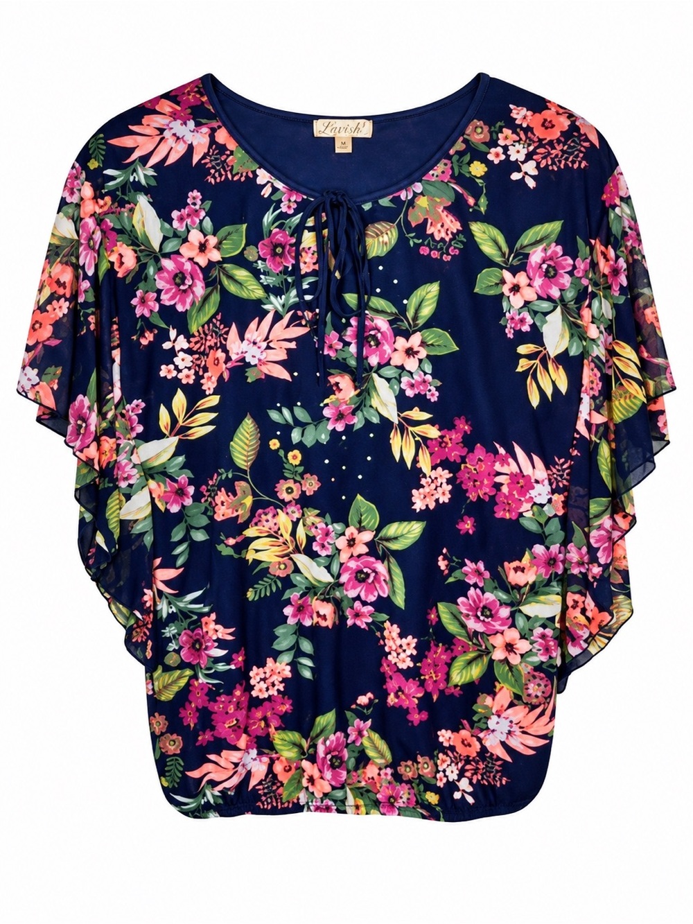 Lavish Women’s Floral Dolman Sleeve Blouse Navy Pink Green Size M